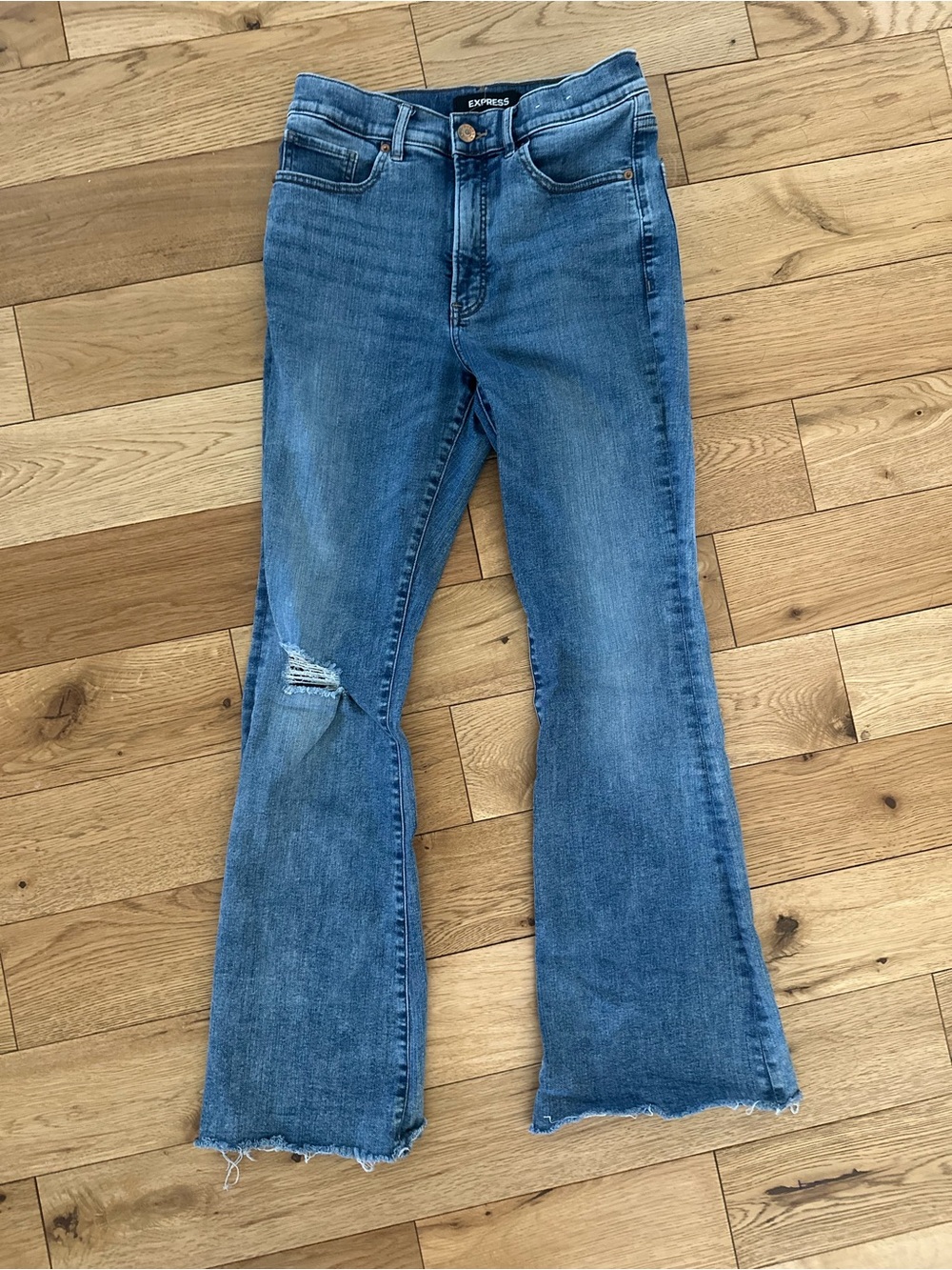 Express slim flare high rise distressed stretch jeans